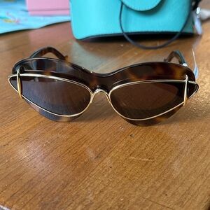 NWT LOEWE Double Frame Mixed-Media Cat-Eye Sunglasses in Dark Havana Brown